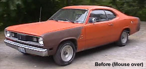 Before and after of big block Plymouth Duster