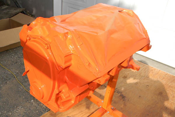 Chrysler 440 engine block painted street hemi orange.